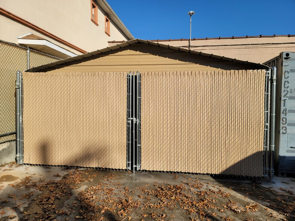 7ft High Galvanized Chain Link Double Swing Gate with Beige WING Slats and Commercial Drop Rod